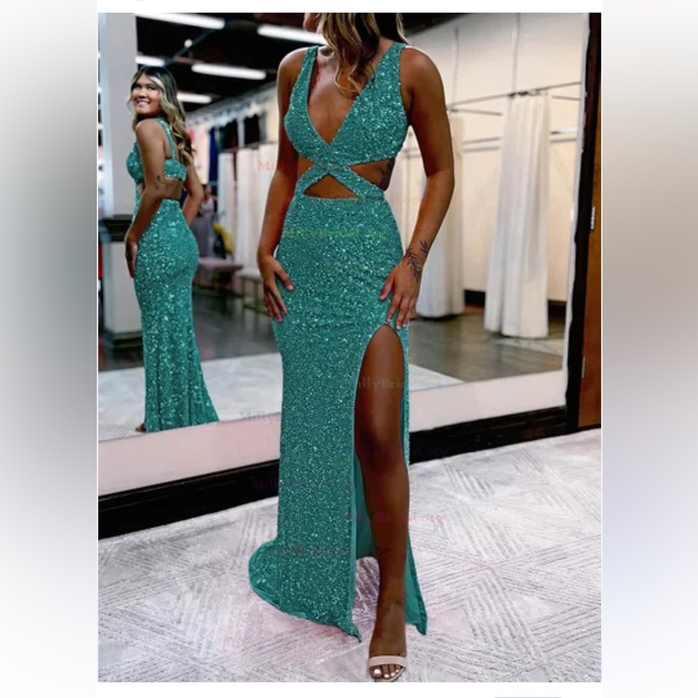 Sparkling Teal Evening Gown with Slit